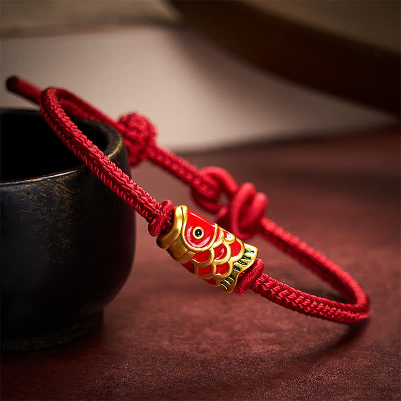 Buddha Stones Pulsera de cordón trenzado ajustable con diseño de pez koi, tejida a mano en rojo. - Rojo oscuro - 5,91-7,48 pulgadas (15-19 cm) - image 0