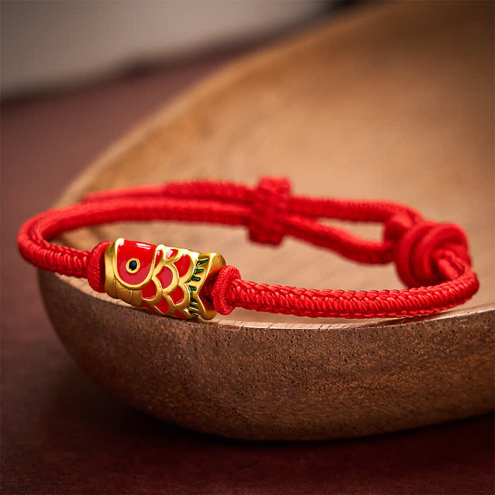 Buddha Stones Pulsera de cordón trenzado ajustable con diseño de pez koi, tejida a mano en rojo. - image 9