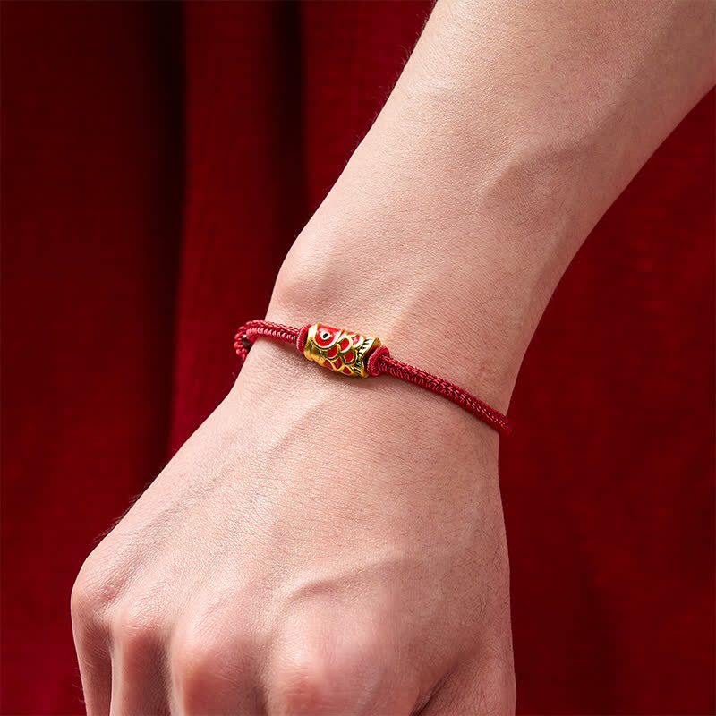 Buddha Stones Pulsera de cordón trenzado ajustable con diseño de pez koi, tejida a mano en rojo. - image 4