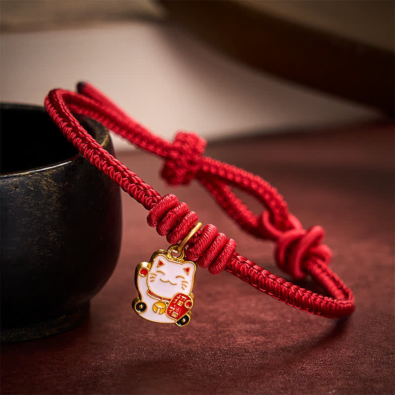 Buddha Stones Pulsera ajustable hecha a mano con hilo trenzado rojo, diseño de gato de la suerte que trae buena fortuna y personaje Fu. - Rojo oscuro - 5,91-7,48 pulgadas (15-19 cm) - image 0