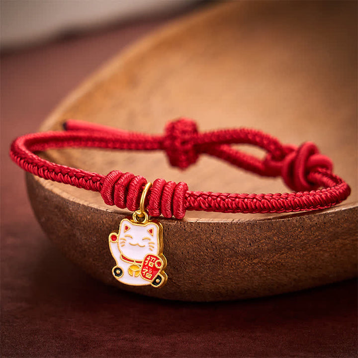 Buddha Stones Pulsera ajustable hecha a mano con hilo trenzado rojo, diseño de gato de la suerte que trae buena fortuna y personaje Fu. - image 2
