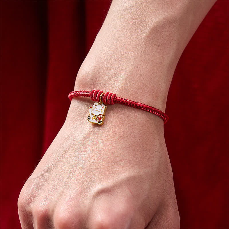 Buddha Stones Pulsera ajustable hecha a mano con hilo trenzado rojo, diseño de gato de la suerte que trae buena fortuna y personaje Fu. - image 4