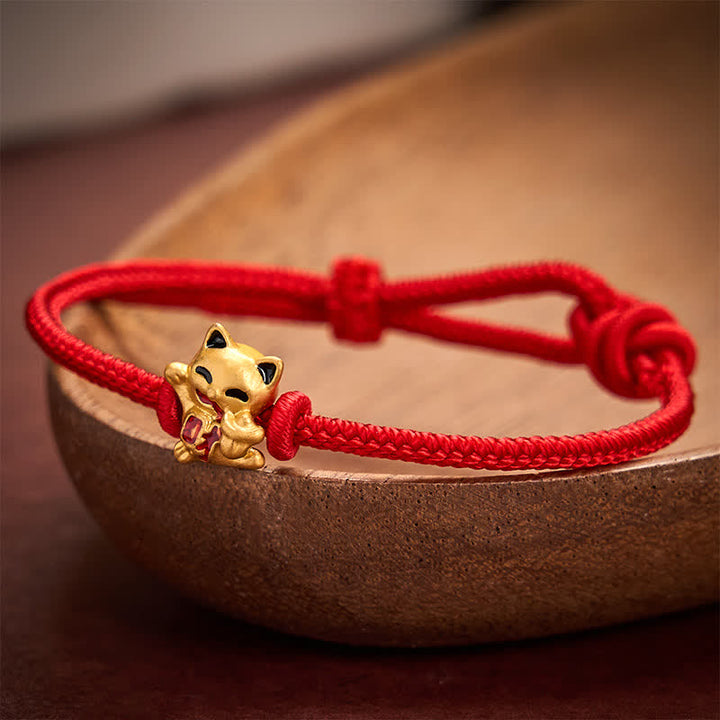 Buddha Stones Pulsera ajustable hecha a mano con hilo trenzado rojo y diseño de gato dorado de la suerte. - Rojo - 5,91-7,48 pulgadas (15-19 cm) - image 6