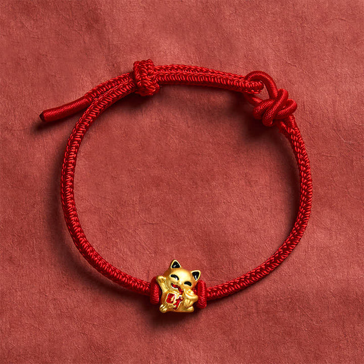 Buddha Stones Pulsera ajustable hecha a mano con hilo trenzado rojo y diseño de gato dorado de la suerte. - Rojo - 5,91-7,48 pulgadas (15-19 cm) - image 0