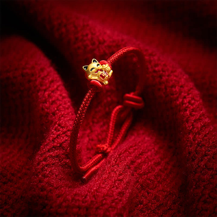 Buddha Stones Pulsera ajustable hecha a mano con hilo trenzado rojo y diseño de gato dorado de la suerte. - image 2
