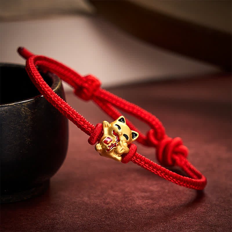 Buddha Stones Pulsera ajustable hecha a mano con hilo trenzado rojo y diseño de gato dorado de la suerte. - image 3