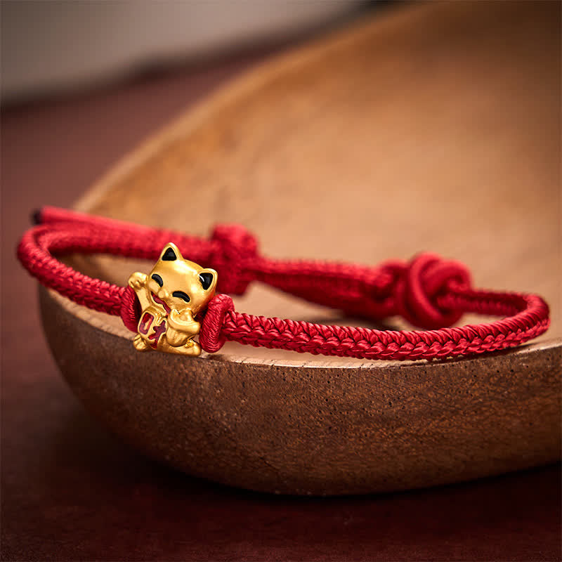 Buddha Stones Pulsera ajustable hecha a mano con hilo trenzado rojo y diseño de gato dorado de la suerte. - image 7