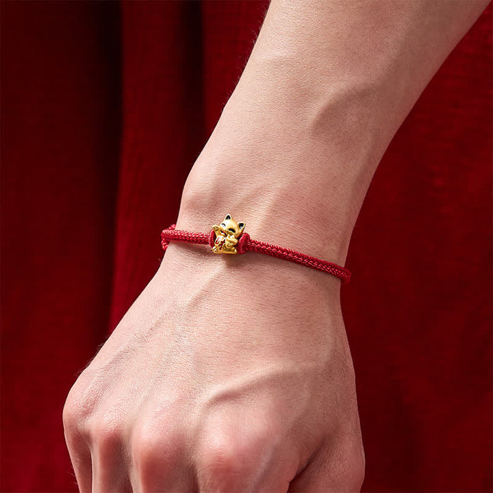 Buddha Stones Pulsera ajustable hecha a mano con hilo trenzado rojo y diseño de gato dorado de la suerte. - image 4