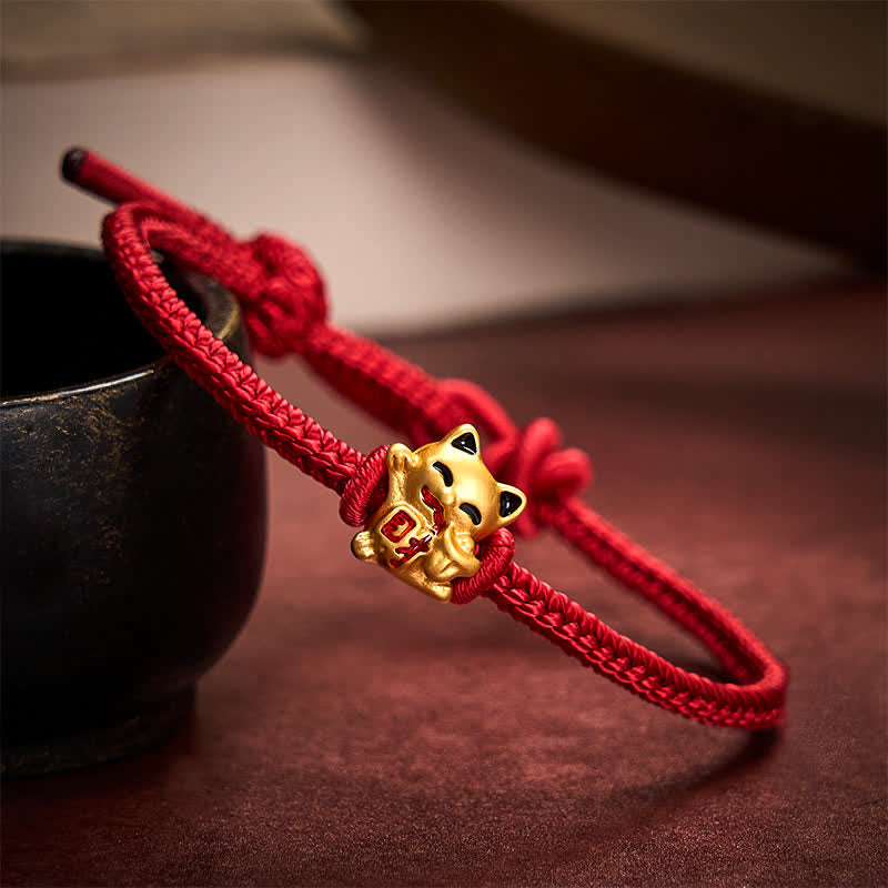 Buddha Stones Pulsera ajustable hecha a mano con hilo trenzado rojo y diseño de gato dorado de la suerte. - Rojo oscuro - 5,91-7,48 pulgadas (15-19 cm) - image 6