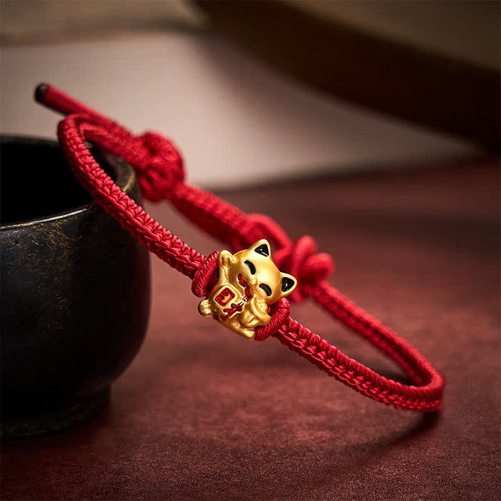 Buddha Stones Pulsera ajustable hecha a mano con hilo trenzado rojo y diseño de gato dorado de la suerte. - Rojo oscuro - 5,91-7,48 pulgadas (15-19 cm) - image 6