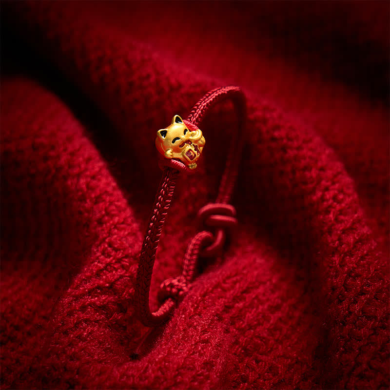 Buddha Stones Pulsera ajustable hecha a mano con hilo trenzado rojo y diseño de gato dorado de la suerte. - image 3
