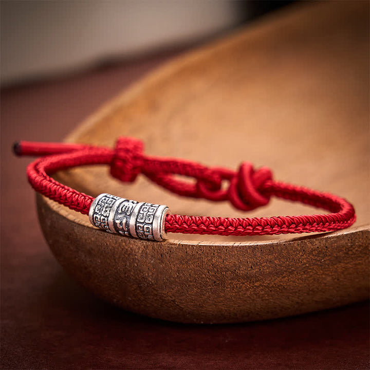 Buddha Stones Pulsera de protección Om Mani Padme Hum hecha a mano con hilo rojo trenzado - Rojo oscuro - 5,91-7,48 pulgadas (15-19 cm) - image 7