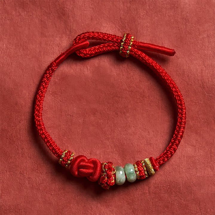 Buddha Stones Pulsera ajustable tejida a mano con jade y nudos chinos para la buena suerte. - Rojo - 15-19 cm - image 0