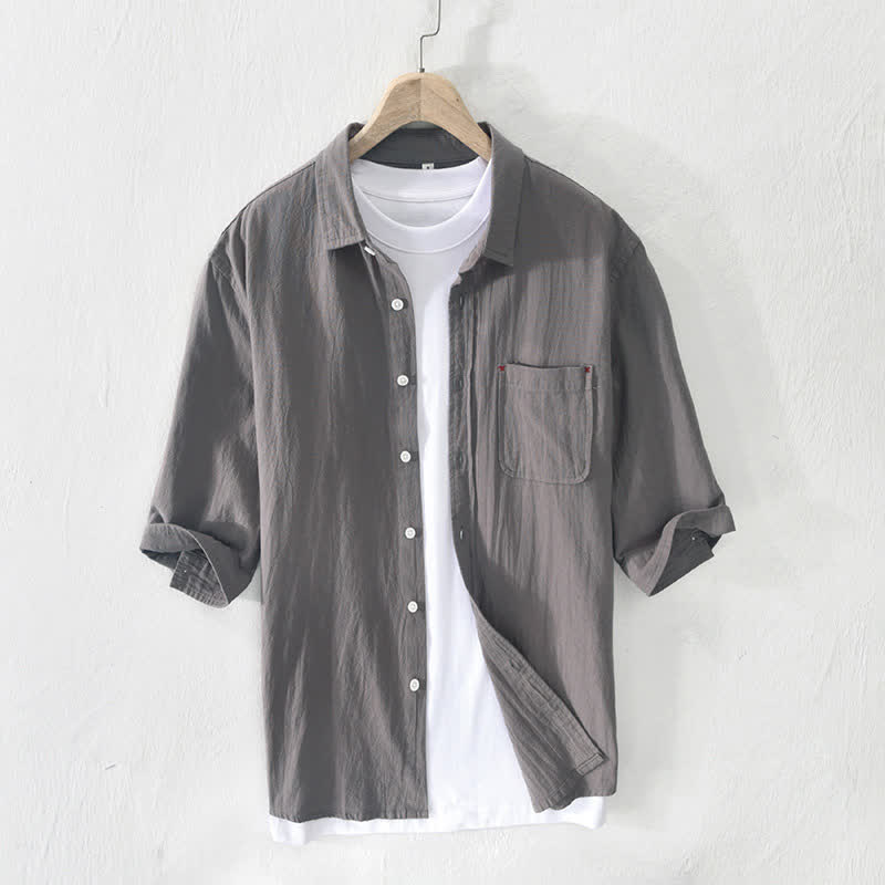 Buddha Stones Camisa de manga corta para hombre, estilo casual de verano, minimalista, de algodón y lino, con botones y bolsillo. - image 0