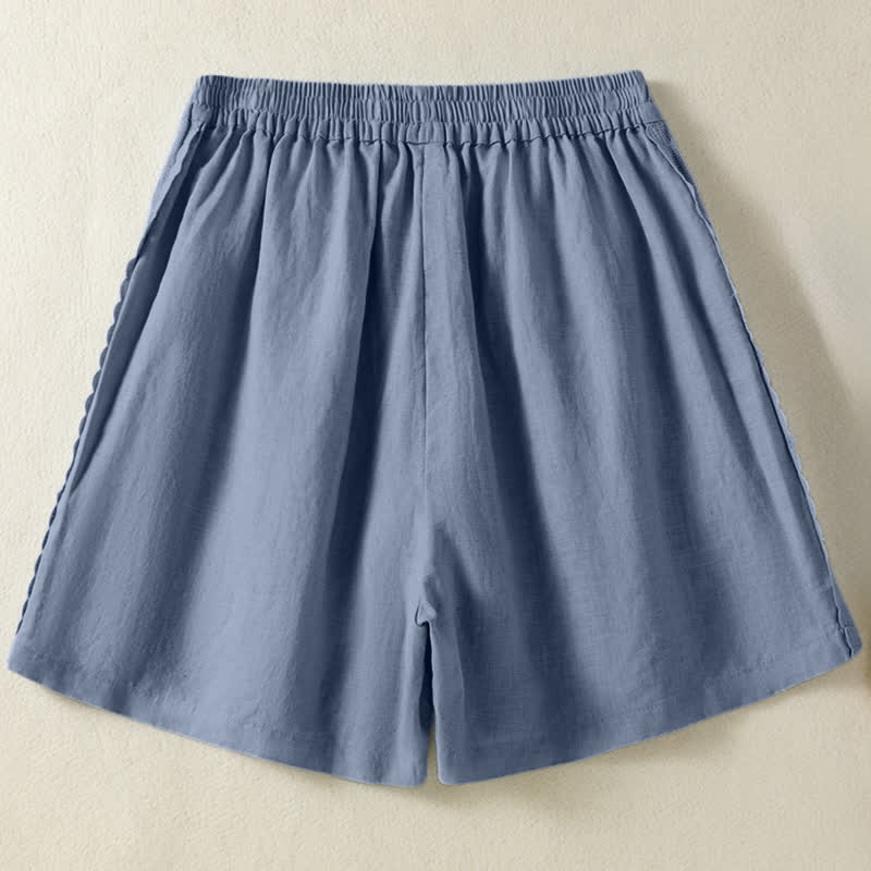 Buddha Stones Shorts de verano informales estilo boho para mujer, color liso, con encaje decorativo lateral y bolsillos. - image 1