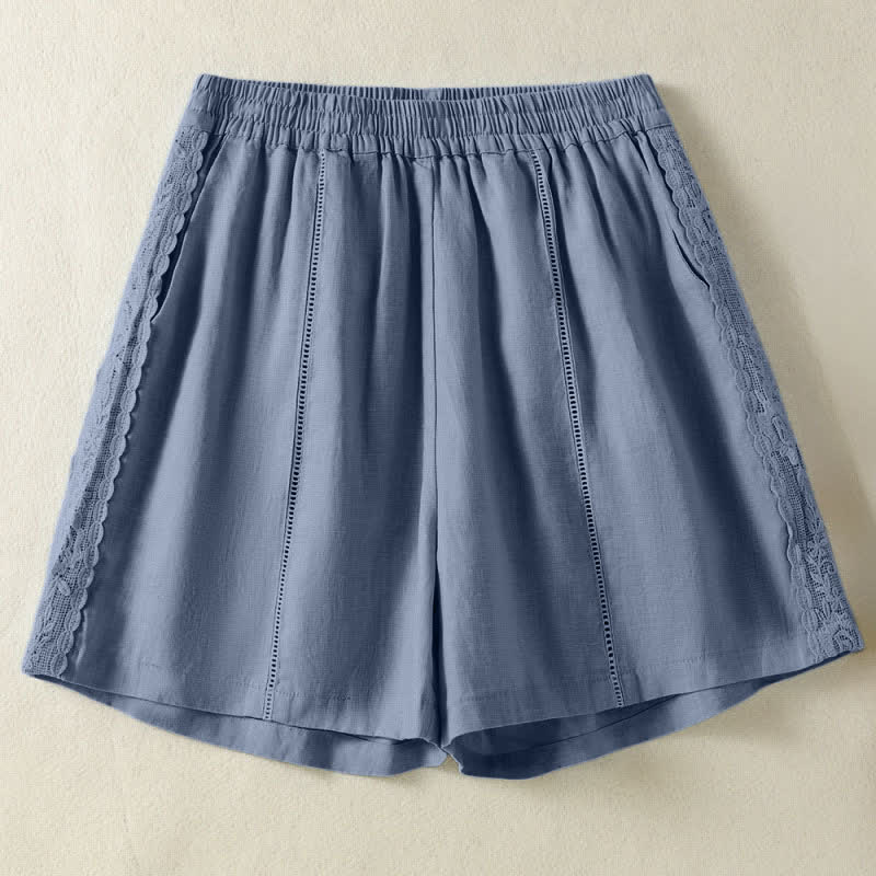 Buddha Stones Shorts de verano informales estilo boho para mujer, color liso, con encaje decorativo lateral y bolsillos. - Azul cadete - US8-10, UK/AU12-14, EU40-42 (2XL) - image 0