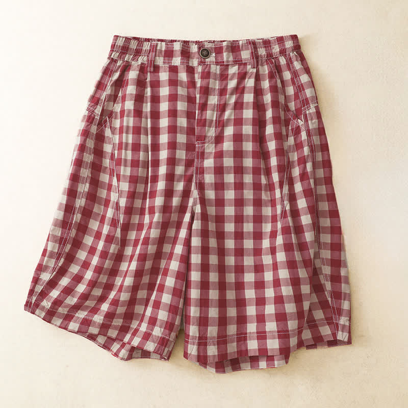 Buddha Stones Pantalones cortos de mujer de estilo vintage informal con botones, estampado a cuadros rojos y cremallera, con bolsillos. - Rojo indio - US8-10, UK/AU12-14, EU40-42 (2XL) - image 0