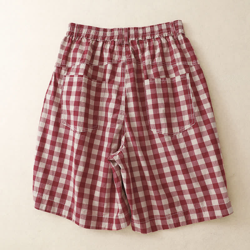 Buddha Stones Pantalones cortos de mujer de estilo vintage informal con botones, estampado a cuadros rojos y cremallera, con bolsillos. - image 1
