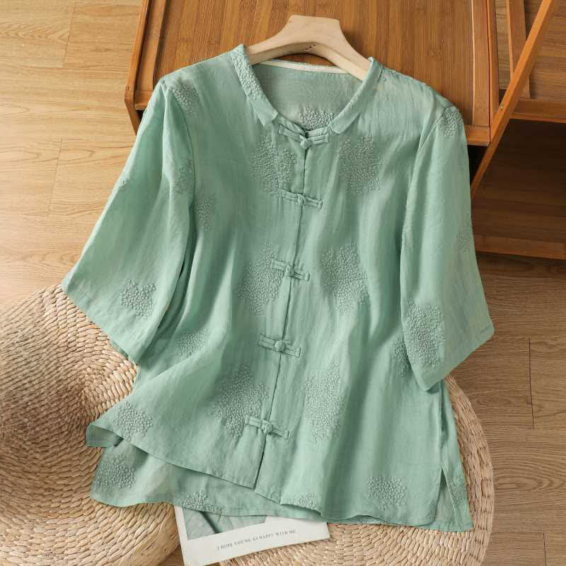 Buddha Stones Camisas de manga corta para mujer, estilo Summer Tang, vintage, con cuello mandarín, botones de rana y color liso. - Verde mar oscuro - US8-10, UK/AU12-14, EU40-42 (2XL) - image 0