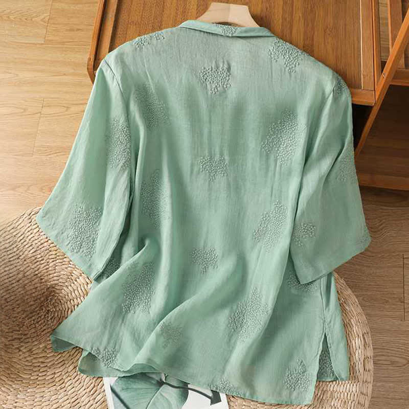 Buddha Stones Camisas de manga corta para mujer, estilo Summer Tang, vintage, con cuello mandarín, botones de rana y color liso. - image 1