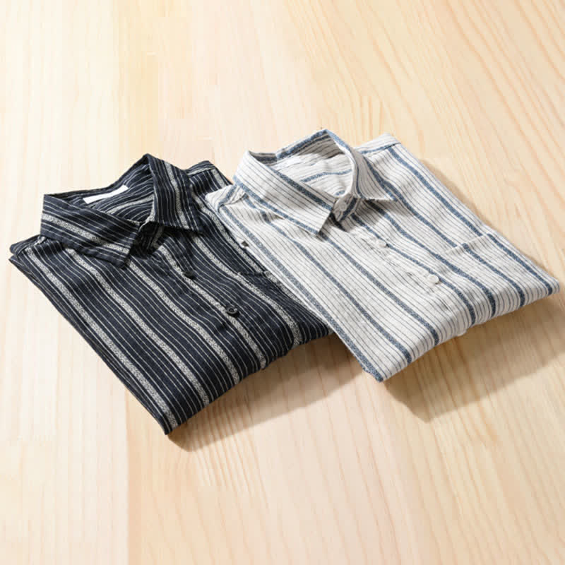 Buddha Stones Camisas de manga corta de algodón a rayas para hombre, estilo casual de verano, con botones y bolsillo de parche. - image 13