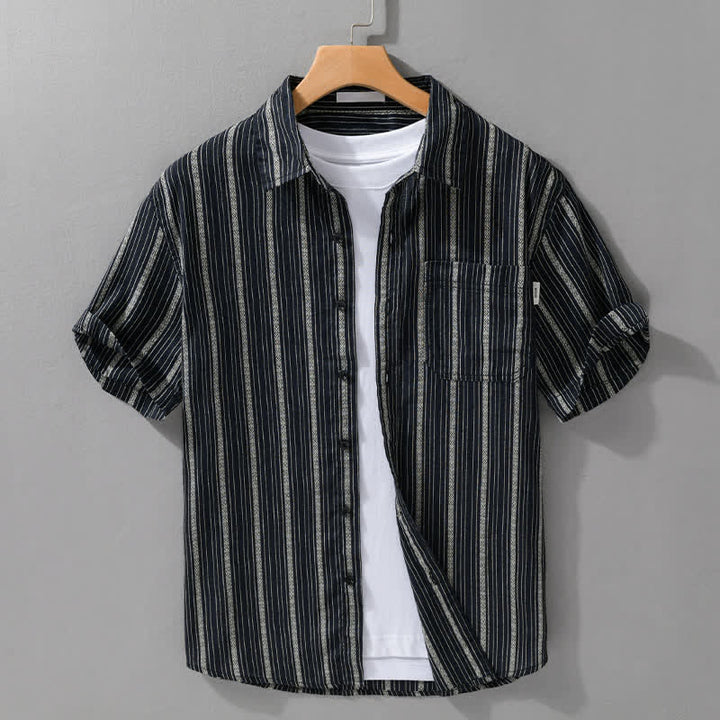 Buddha Stones Camisas de manga corta de algodón a rayas para hombre, estilo casual de verano, con botones y bolsillo de parche. - Negro - US/UK/AU42, EU52 (3XL) - image 8
