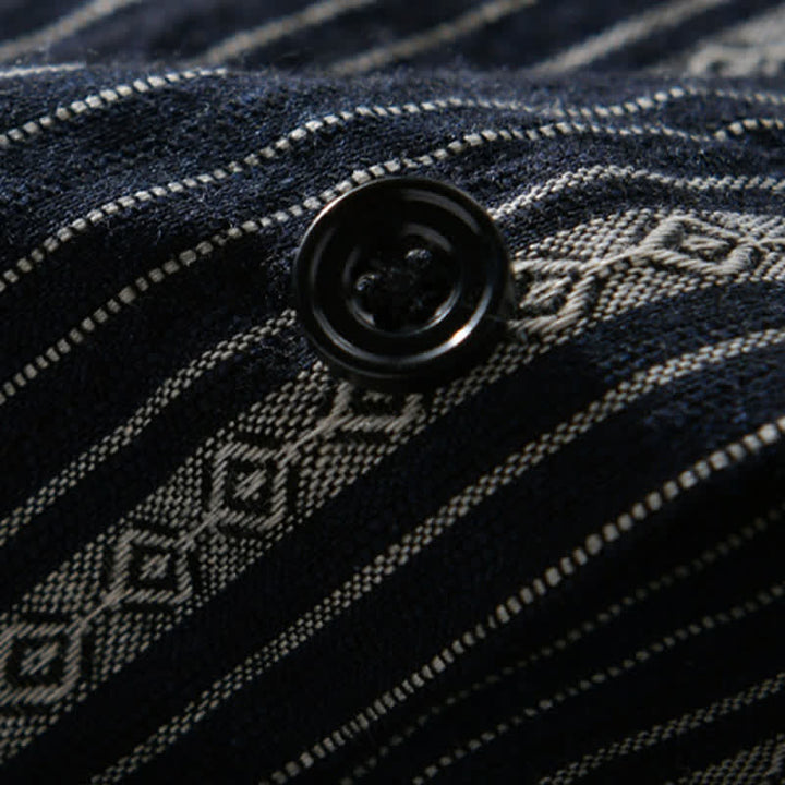 Buddha Stones Camisas de manga corta de algodón a rayas para hombre, estilo casual de verano, con botones y bolsillo de parche. - image 11