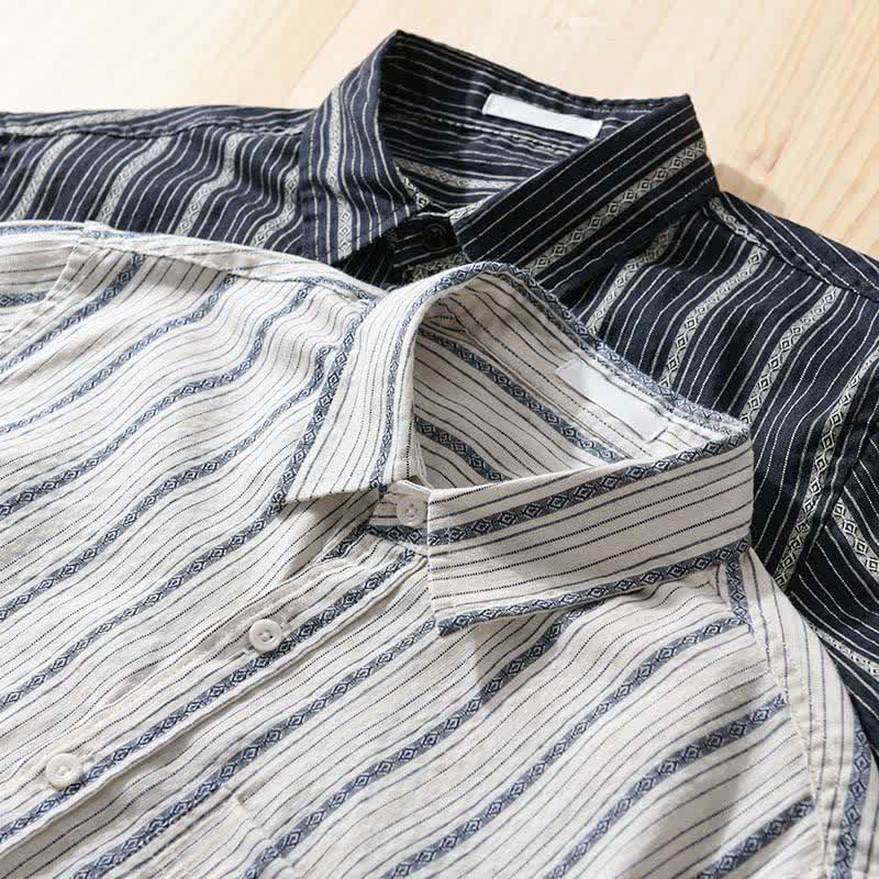Buddha Stones Camisas de manga corta de algodón a rayas para hombre, estilo casual de verano, con botones y bolsillo de parche. - image 15