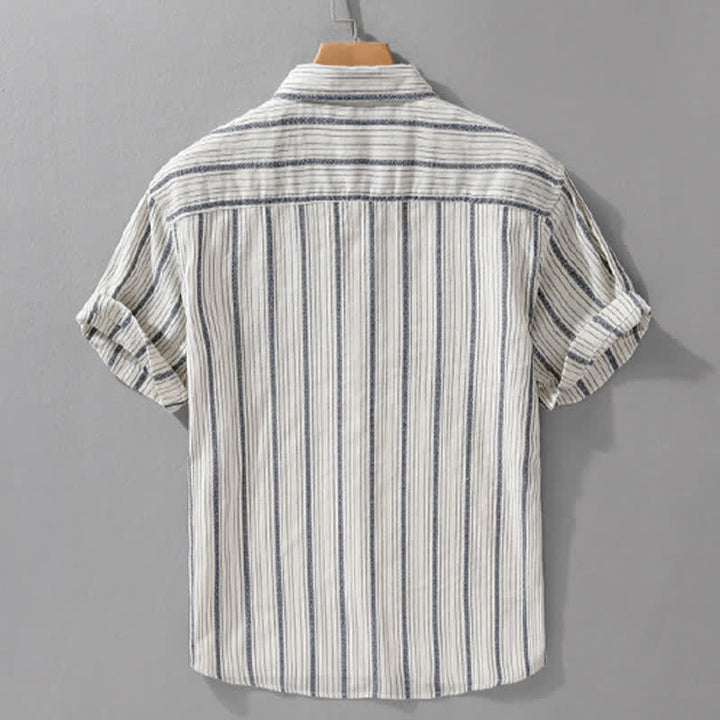 Buddha Stones Camisas de manga corta de algodón a rayas para hombre, estilo casual de verano, con botones y bolsillo de parche. - image 1
