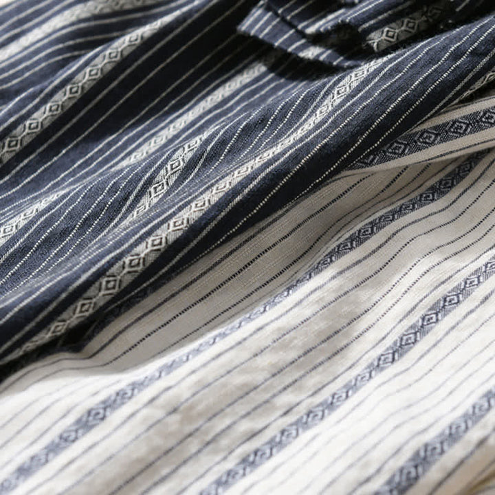 Buddha Stones Camisas de manga corta de algodón a rayas para hombre, estilo casual de verano, con botones y bolsillo de parche. - image 17