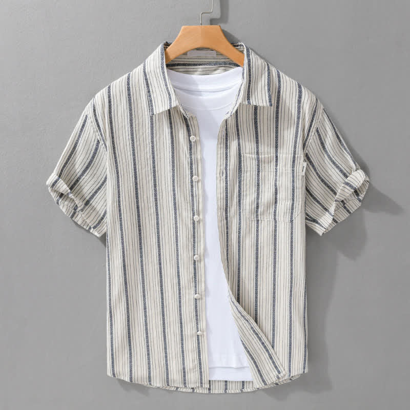 Buddha Stones Camisas de manga corta de algodón a rayas para hombre, estilo casual de verano, con botones y bolsillo de parche. - Blanco antiguo - US/UK/AU42, EU52 (3XL) - image 0