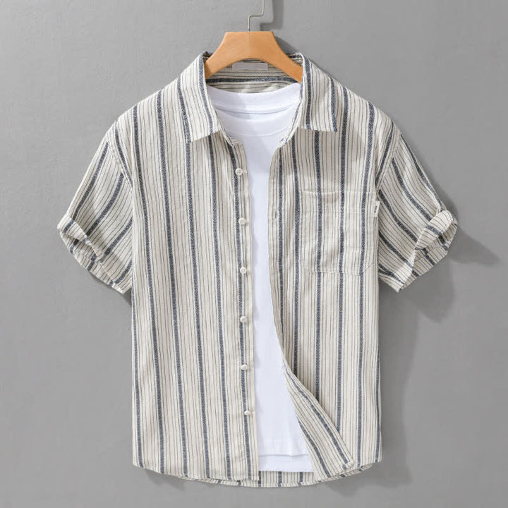 Buddha Stones Camisas de manga corta de algodón a rayas para hombre, estilo casual de verano, con botones y bolsillo de parche. - Blanco antiguo - US/UK/AU42, EU52 (3XL) - image 0