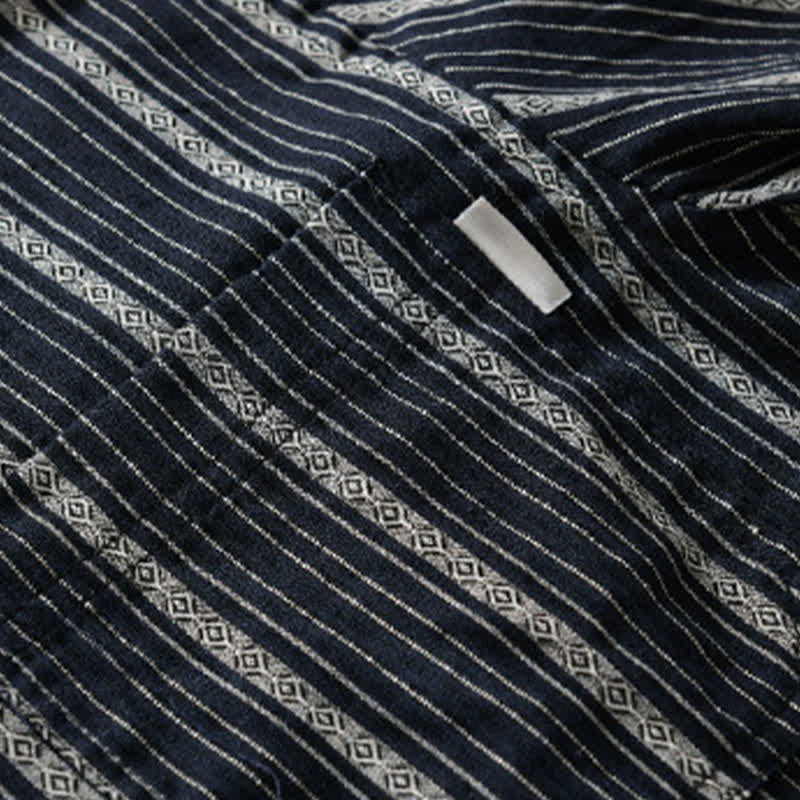 Buddha Stones Camisas de manga corta de algodón a rayas para hombre, estilo casual de verano, con botones y bolsillo de parche. - image 10