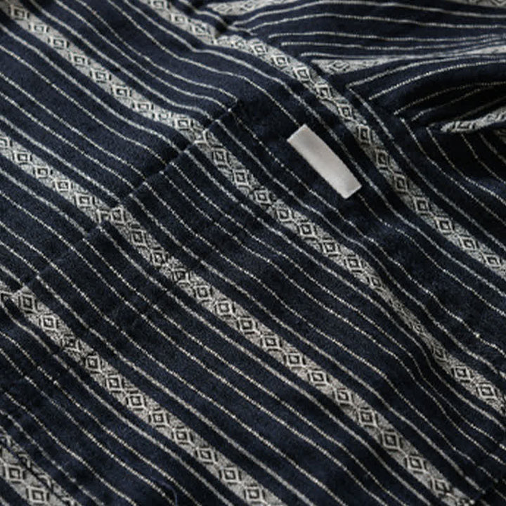 Buddha Stones Camisas de manga corta de algodón a rayas para hombre, estilo casual de verano, con botones y bolsillo de parche. - image 10