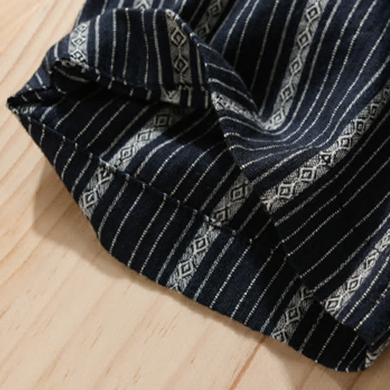 Buddha Stones Camisas de manga corta de algodón a rayas para hombre, estilo casual de verano, con botones y bolsillo de parche. - image 12