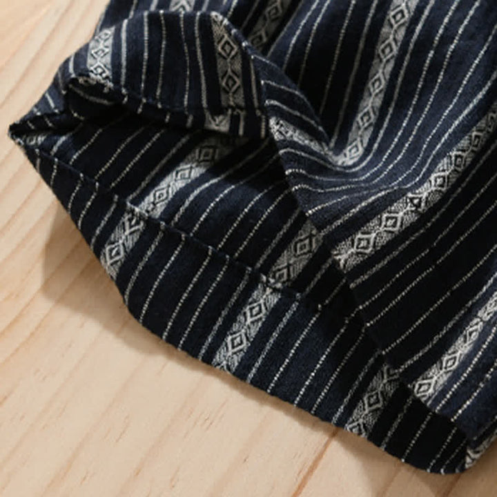 Buddha Stones Camisas de manga corta de algodón a rayas para hombre, estilo casual de verano, con botones y bolsillo de parche. - image 12