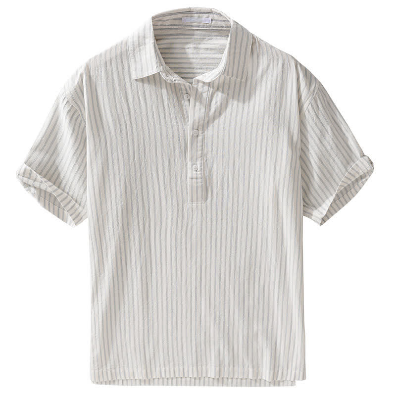Buddha Stones Camisa de manga corta de algodón a rayas con medio botón, estilo casual de verano para hombre. - image 2