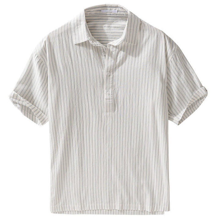Buddha Stones Camisa de manga corta de algodón a rayas con medio botón, estilo casual de verano para hombre. - image 2