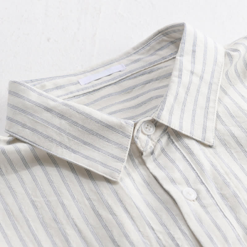 Buddha Stones Camisa de manga corta de algodón a rayas con medio botón, estilo casual de verano para hombre. - image 4