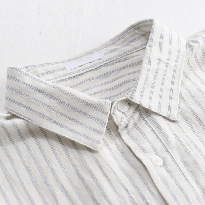 Buddha Stones Camisa de manga corta de algodón a rayas con medio botón, estilo casual de verano para hombre. - image 4
