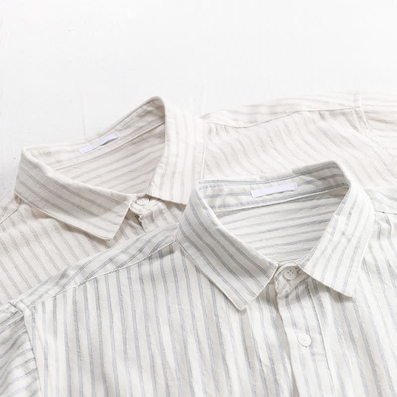 Buddha Stones Camisa de manga corta de algodón a rayas con medio botón, estilo casual de verano para hombre. - image 15