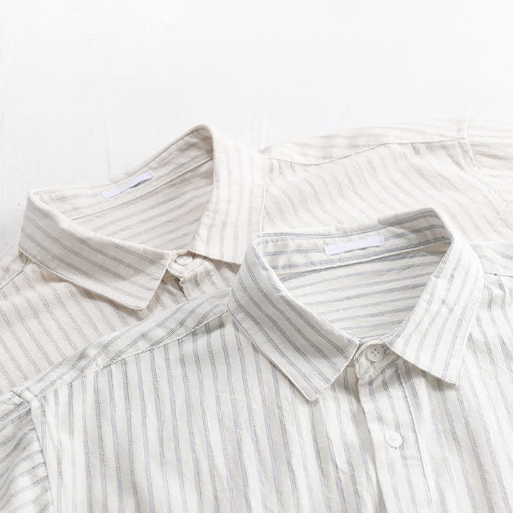Buddha Stones Camisa de manga corta de algodón a rayas con medio botón, estilo casual de verano para hombre. - image 15
