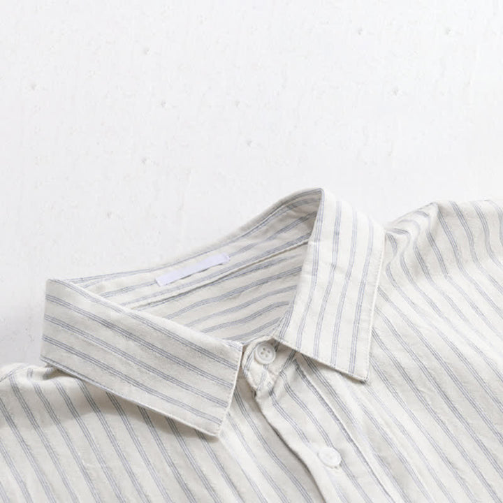Buddha Stones Camisa de manga corta de algodón a rayas con medio botón, estilo casual de verano para hombre. - image 3