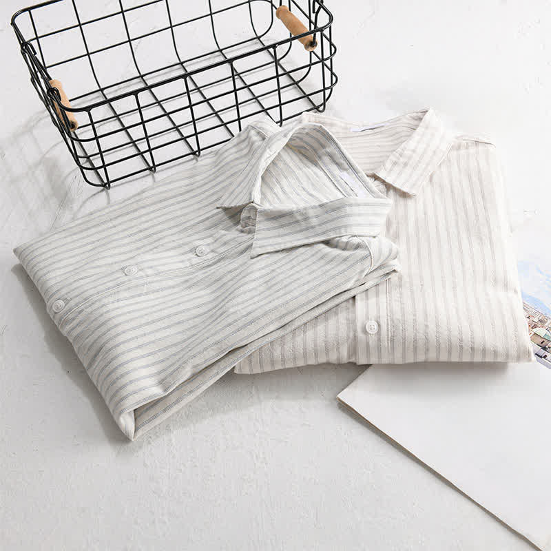 Buddha Stones Camisa de manga corta de algodón a rayas con medio botón, estilo casual de verano para hombre. - image 14