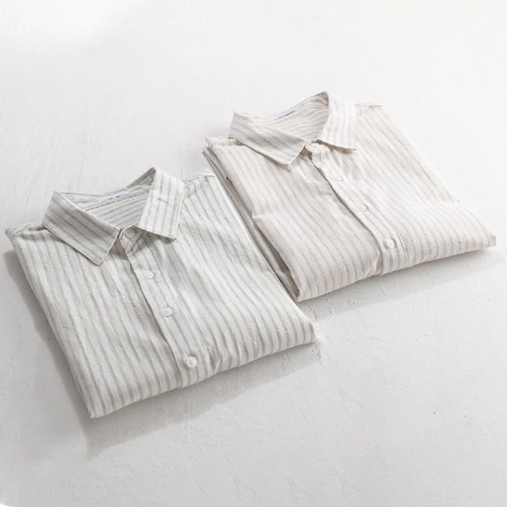 Buddha Stones Camisa de manga corta de algodón a rayas con medio botón, estilo casual de verano para hombre. - image 13