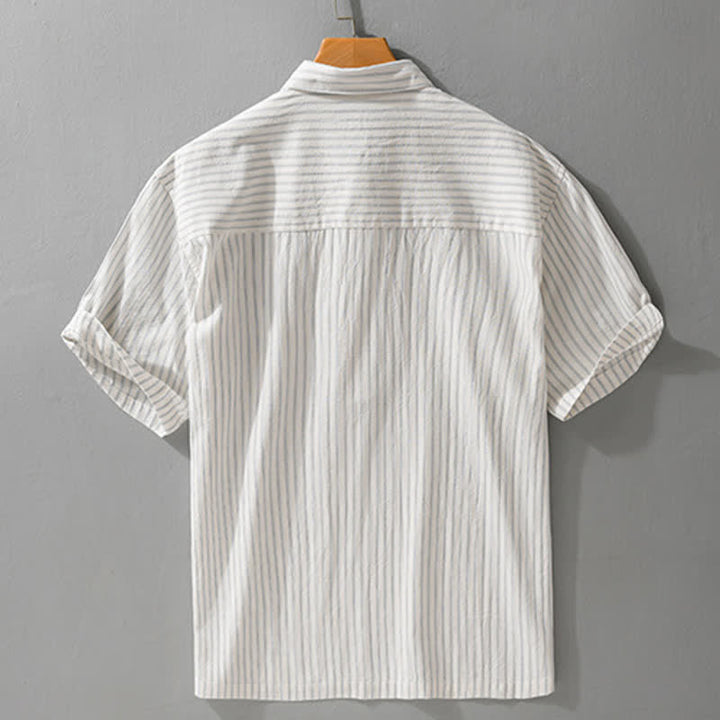 Buddha Stones Camisa de manga corta de algodón a rayas con medio botón, estilo casual de verano para hombre. - image 1