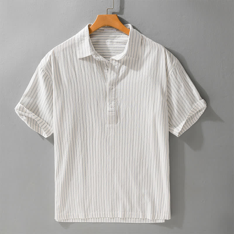 Buddha Stones Camisa de manga corta de algodón a rayas con medio botón, estilo casual de verano para hombre. - Blanco floral - US/UK/AU42, EU52 (3XL) - image 0