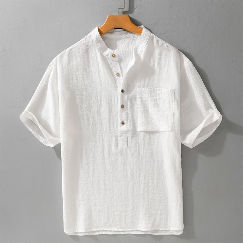 Buddha Stones Camisa de manga corta para hombre estilo Tang, informal, con cuello mandarín, medio botón y bolsillo de parche. - Blanco - US/UK/AU42, EU52 (3XL) - image 10