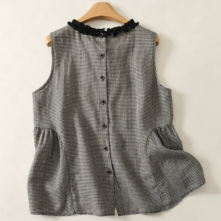 Buddha Stones Camiseta sin mangas de verano informal vintage a cuadros con botones en la espalda para mujer. - image 1