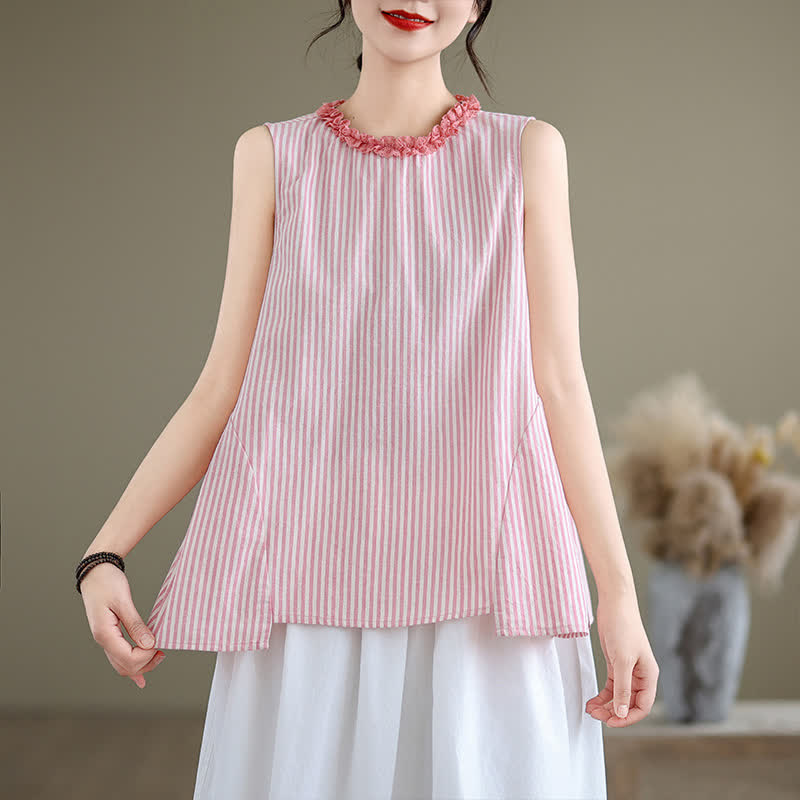 Buddha Stones Camiseta sin mangas elegante de verano con abertura lateral y cuello redondo a rayas para mujer. - image 17